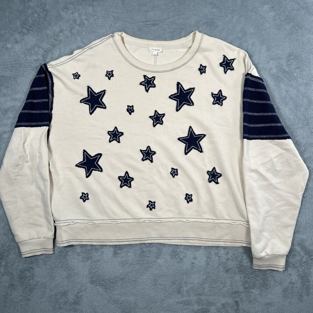 Pilcro Star Patch Oversized Sweatshirt Womens Small Ivory Cream Navy Sweater